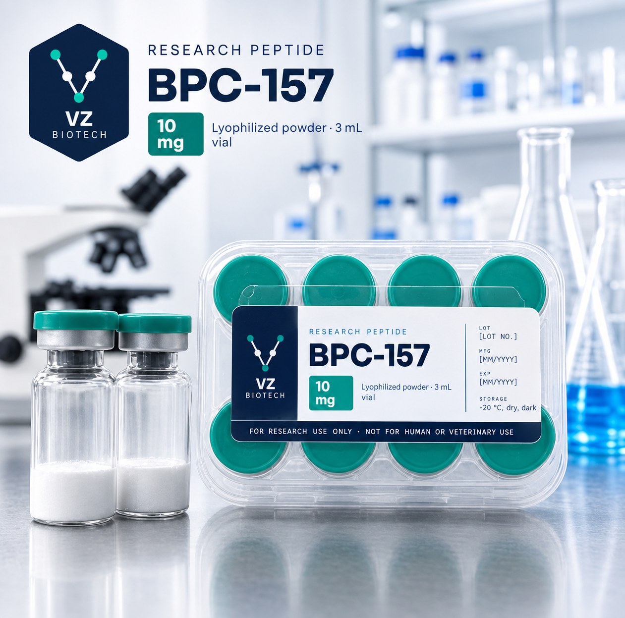 VZ BioTech BPC-157 10 mg vials in sealed packaging in a laboratory
